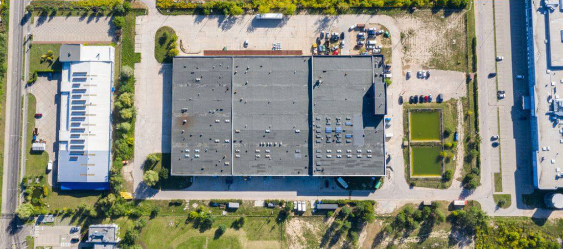 aerial view of a commercial warehouse's roof