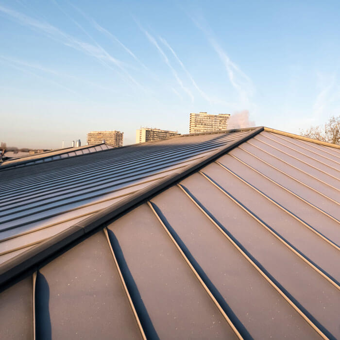 view of city buildings from a metal roof